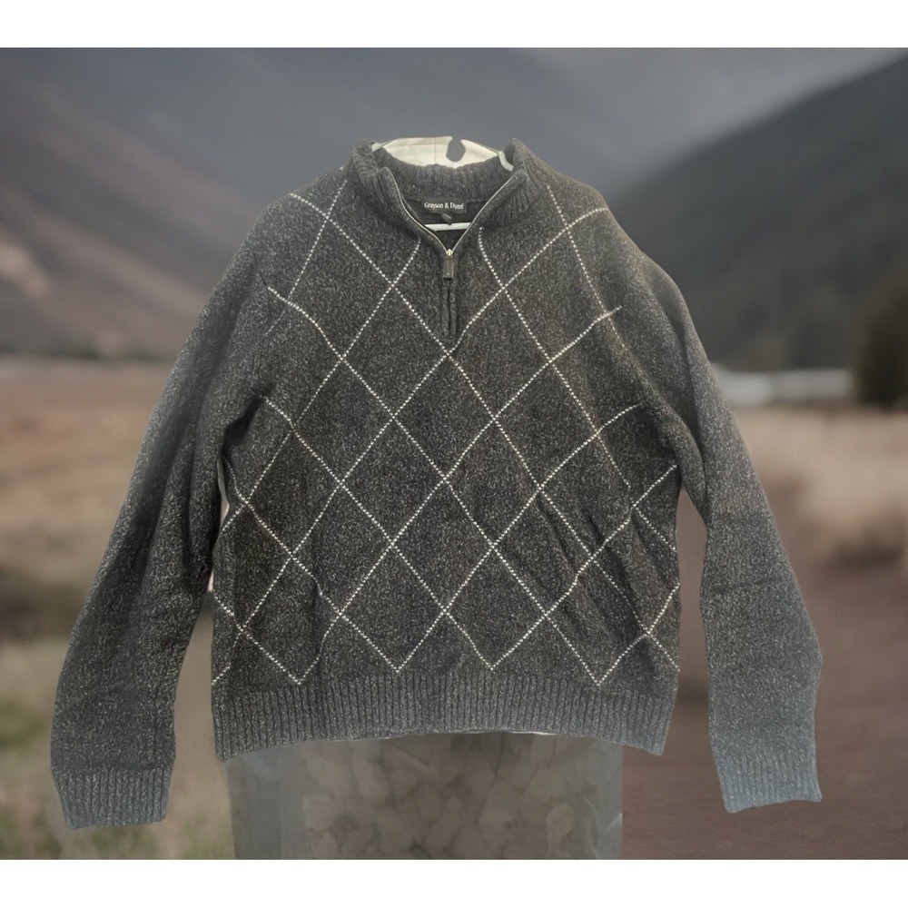 Grayson & Dunn Sweater Mens 2XL Gray Argyle 1/4‎ Zip Mock Neck Wool Blend Knit